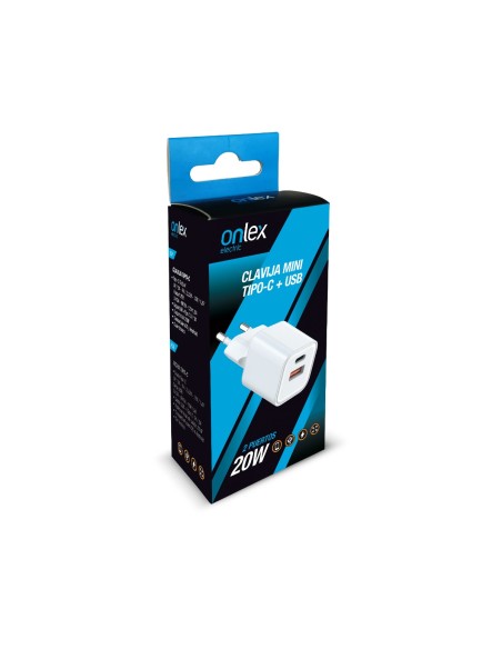 Caricatore mini Onlex ricarica rapida 20W Tipo-C e USB bianco