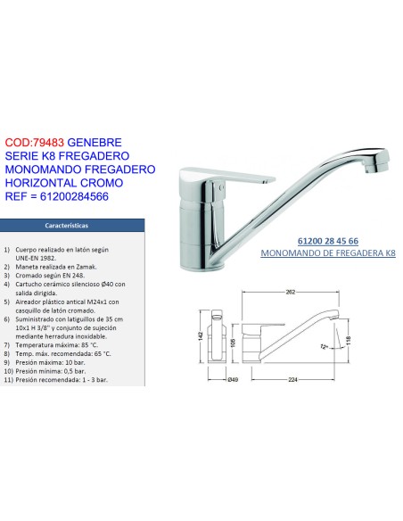 Horizontal single-lever kitchen faucet Genebre K8